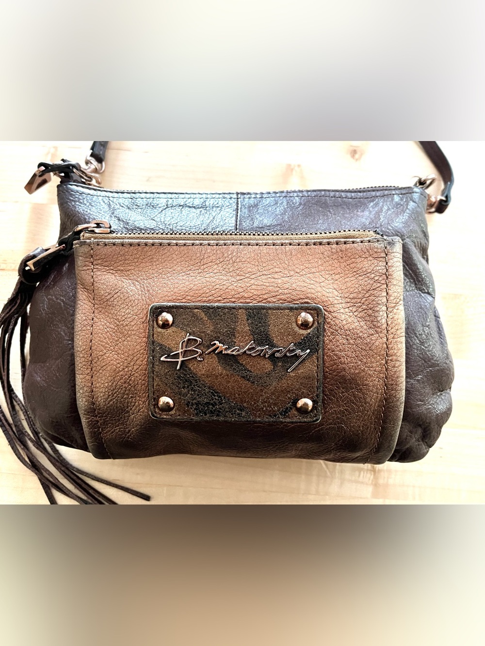 b. makowsky Two-Tone Brown Leather Crossbody with Tassel